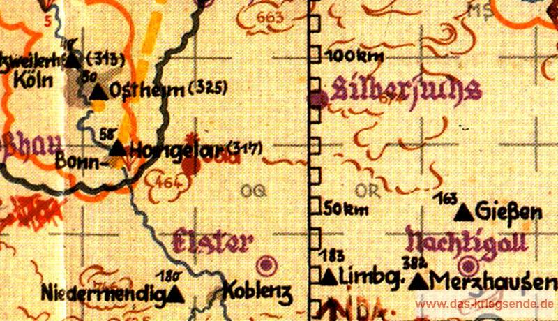 Das schwere Leuchtfeuer Bonn-Hangelar (eine Batterie schwere Drehscheinwerfer) ist erloschen. Die schwere Flakabteilung 464 liegt unter amerikanischem Artilleriefeuer. Kartenausschnitt: "Bodenorganisation der Deutschen Luftwaffe"