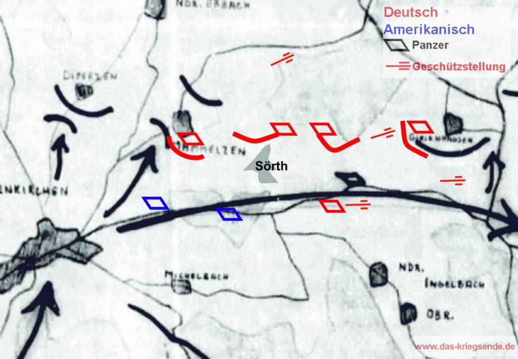 Skizze von General Bayerlein zu den Kämpfen des LIII. Armeekorps Ende März 1945. Farbig dargestellt sind die eingefügten Ergänzungen.