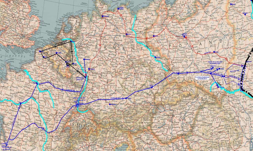 Wegeskizze 1941 - 1945, Ost- und Westfront. Klick öffnet Karte in hoher Auflösung.